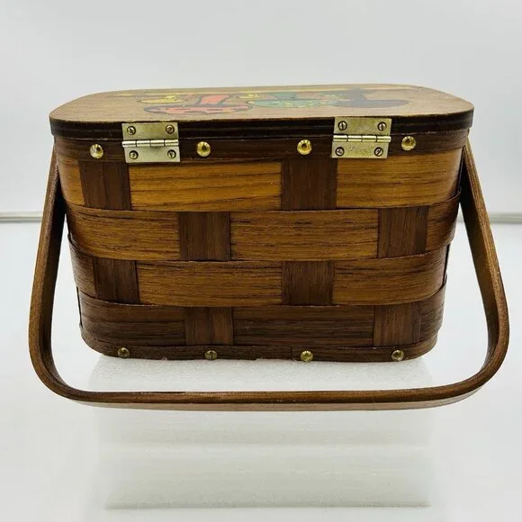 VTG 60s 70s Caro Nan? Folk Art Painted Mushroom Basket Purse Boho Hippie Cottage - Picture 5 of 10